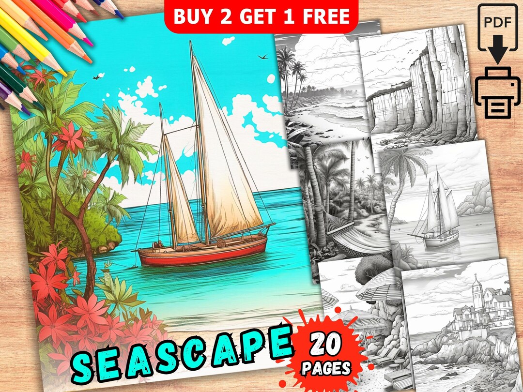 20 Printable Seascapes Coloring Book,black and White Ocean Scenes Book, Beach and Lighthouse ...