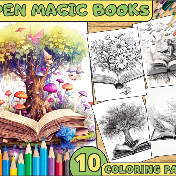 10 Open Magic Books Coloring Pages Adult + Kids, Summer Coloring Book Grayscale Bundle Pages - Fantasy DIY Colouring Enchanted