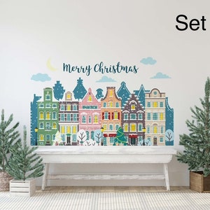Christmas Theme Wall Decal European Buildings Wall Sticker Amsterdam Buildings Wall Art Vinyl Dutch Buildings Mural for Xmas Decor (SET A)