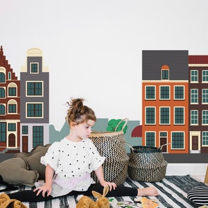 Town House Wall Stickers Nursery House Wall Decal for Baby Shower Gift City Town Buildings Wallpaper Peel and Stick Wall Art Playroom Decor
