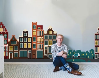 European Village Wall Decal, Kids Room Town Building Mural
