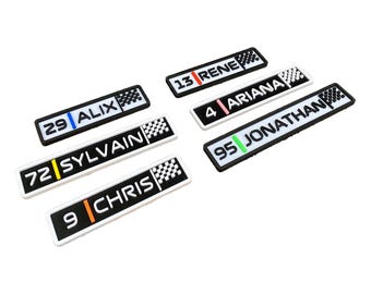 Formula One sign tag with name, number, and custom color for decoration