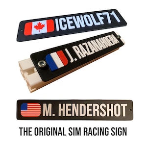 Sim racing custom sign name tag and flag for driving simulators rigs