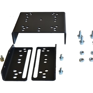 May include: A black metal mounting bracket set consisting of one large U-shaped plate and two smaller L-shaped side plates, all featuring multiple circular holes and elongated slots. The set includes four silver-colored bolts and four matching nuts.