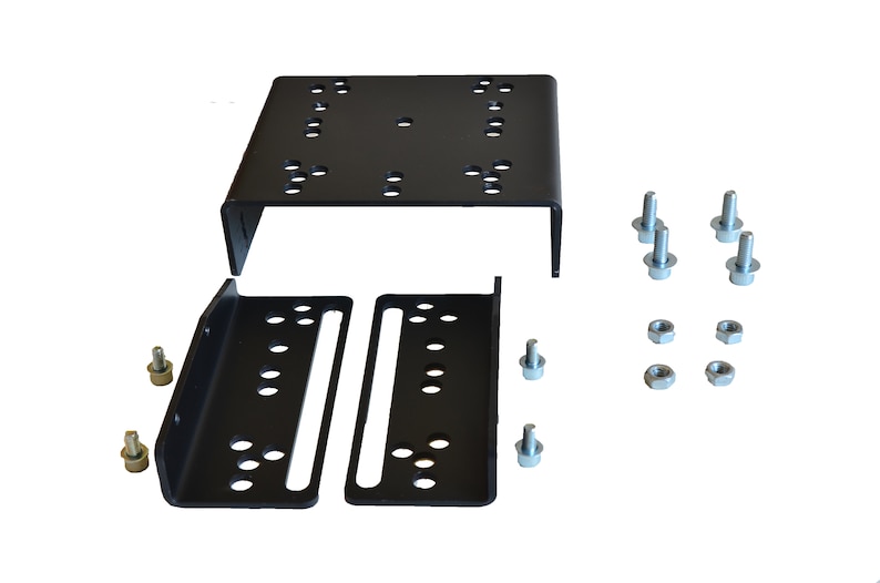 May include: A black metal mounting bracket set consisting of one large U-shaped plate and two smaller L-shaped side plates, all featuring multiple circular holes and elongated slots. The set includes four silver-colored bolts and four matching nuts.