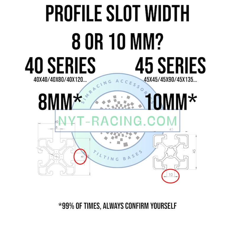 May include: An informational graphic comparing profile slot widths of 8mm and 10mm for 40 series and 45 series aluminum extrusions. It features technical cross-section diagrams with red circles highlighting the slot dimensions and the text NYT-RACING.COM.