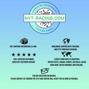 May include: A circular logo with the text NYT-RACING.COM, SIMRACING ACCESSORIES, and TILTING BASES on a blue gradient background. Below are icons for shipping, a five-star rating, a world map, and an envelope, accompanied by text regarding services.