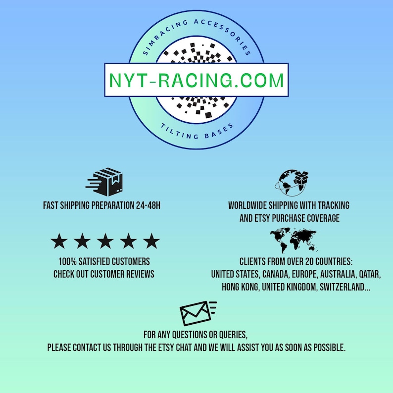 May include: A circular logo with the text NYT-RACING.COM, SIMRACING ACCESSORIES, and TILTING BASES on a blue gradient background. Below are icons for shipping, a five-star rating, a world map, and an envelope, accompanied by text regarding services.