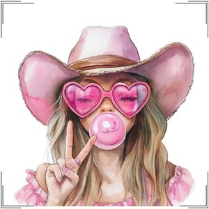 Western Cowgirl png, Clipart de Cowgirl em Aquarela de Chiclete Rosa, Chapéu de Cowgirl Coquette Valentine, Óculos de Coração de Cowgirl Bonitos Sinal de Paz png
