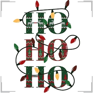 May include: A Christmas-themed design featuring the word "HO HO HO" in red and green letters with a white snowflake pattern. The letters are surrounded by a string of Christmas lights.