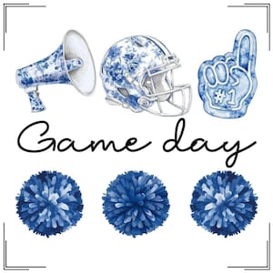 Game Day-shirtontwerp, blauwe chinoiserie aquarel voetbal png, marineblauw bloemen toile sportteamontwerp, Varsity College Cheer png, megafoon