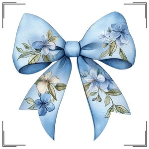 Zomerbloem clipart, coquette baby blauwe aquarel strik png, wilde bloemen strik png, bloemen girly lint png, elegante lente boog ontwerp