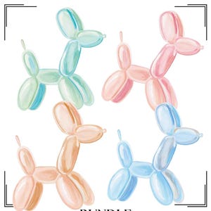 Coquette ballon hond bundel, pastel aquarel clipart, baby meisje kinderkamer kunst aan de muur, grappige dieren kunst aan de muur, schattige ballon dier ontwerp
