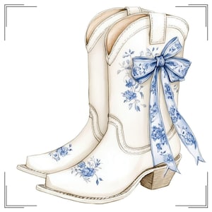 Western cowgirl boots png, retro western witte Grandmillennial laarzen met strikken clipart, blauwe chinoiserie rodeo Bow png, aquarel cowboy