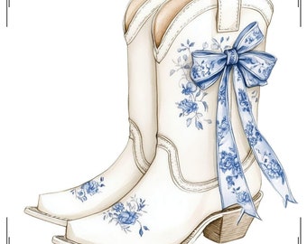 Western Cowgirl Boots png, Retro Western White Grandmillennial Boots with Bows Clipart, Blue Chinoiserie Rodeo Bow png, Watercolor Cowboy