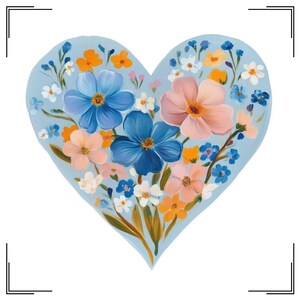 花のハートのクリップアート、夏の野の花のシャツのデザイン、春のマグカップトートバッグpng、パステルベビーブルーの色、青いワスレナグサの花の誕生日