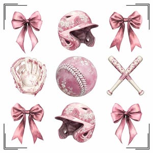 Girly Coquette Baseball Collage png, Pink Chinoiserie Aquarell Baseballbögen, Blush Blumen Toile Sport Team Design, Varsity College Bat