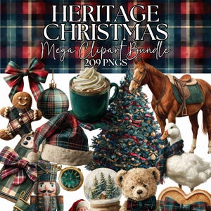 Può includere: Illustrazione digitale con elementi a tema natalizio, tra cui un albero, Babbo Natale, un cavallo e un orsacchiotto. Sono presenti anche vari elementi decorativi. Il testo "HERITAGE CHRISTMAS Mega Clipart Bundle 209 PNGS" è visualizzato in alto.