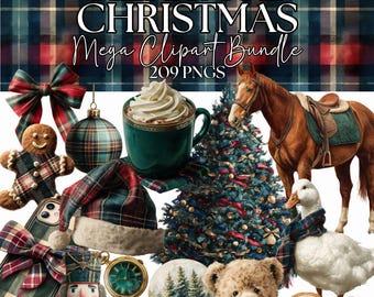 Huge Heritage Christmas Clipart Bundle | 201 PNGs + 26 Sticker Sheets + 8 Seamless Patterns | Tartan Plaid Vintage Holiday Equestrian Winter