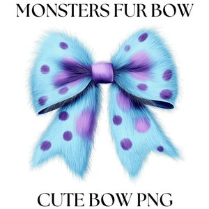 May include: A blue and purple fluffy bow with white polka dots. The bow is tied in a knot and has a fluffy texture. "MONSTERS FUR BOW" and "CUTE BOW PNG" are written in black text above and below the bow.