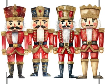 Paquete de imágenes prediseñadas de Cascanueces en acuarela: PNG de Navidad en rojo y dorado, elementos de diseño navideño clásico vintage, PNG de Cascanueces retro, conjunto navideño