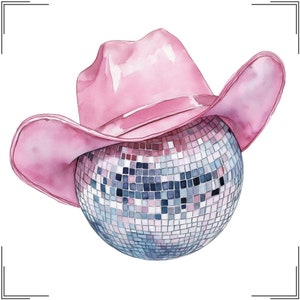 May include: A pink cowboy hat with a silver disco ball underneath. The hat is made of watercolor and has a shiny, reflective surface.