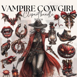 May include: Digital clipart bundle titled "Vampire Cowgirl" featuring a central illustration of a woman in a red coat and hat, surrounded by themed illustrations. Includes bats, a snake, a wolf, a pumpkin, and other gothic western elements.