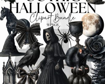 Paquete de imágenes prediseñadas góticas de Halloween: 51 imágenes PNG de acuarela espeluznantes de estilo vintage Junkjournal en negro.