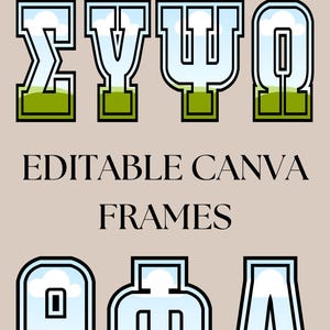 Pode incluir: Gráfico digital com as palavras "GREEK ALPHABET" e "EDITABLE CANVA FRAMES". A imagem mostra letras gregas estilizadas com fundos de céu e paisagem verde, delineadas em preto.