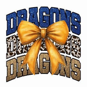 May include: A design for a shirt featuring the word "DRAGONS" in a glittery blue, brown, and cow print font, with a gold bow in the center. The text "SHIRT DESIGN" and "Design file PNG FILE" are at the top.