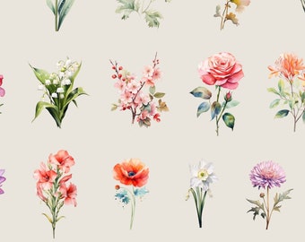 May include: A set of 24 watercolor birth flower clipart images. The flowers are arranged in four rows of six. Each flower is a different color and has a unique design. The flowers are all in bloom and have green leaves. The flowers are perfect for adding a touch of nature to your projects.