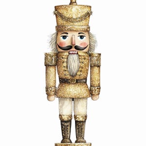 May include: A watercolour illustration of a gold glitter nutcracker soldier. The nutcracker has a gold hat, uniform, and boots. The text "PATCHWORK NUTCRACKER Clipartfile PNG FILE" is at the top of the image.