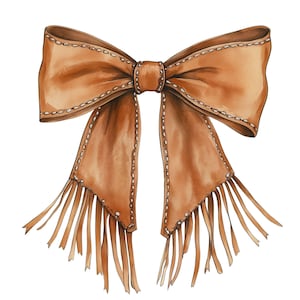 May include: A brown leather bow with fringe detail. The bow is tied with a knot in the centre and has a stitched design.