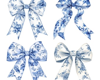 Blue Chinoiserie Bows PNG: Coquette Floral Clipart Bundle (Digital Download)
