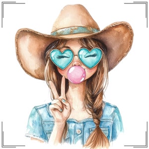 Western cowgirl png, turkooisroze aquarel cowgirl clipart, coquette valentijn cowgirl hoed, schattige cowgirl hart bril vredesteken, png