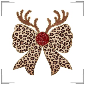 Cheetah Christmas-strik png, gouden glitterrendierstrik png, Rudolph Red Nose-strik png, rode kerstglitterstrik png, schattige trendy strik met gewei