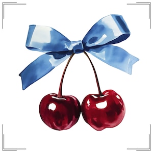Kokette Kirsche Schleife PNG, Aquarell Blaue Schleife Kirschen Clipart, trendige dunkelrote Kirschen mit Chinoiserienmuster Schleife, blaue Seidenschleife Design