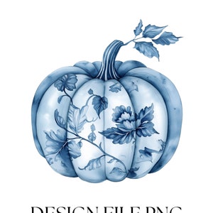 Blue Chinoiserie Pumpkin png, Coastal Coquette Halloween Clipart, watercolor sketch blue white pumpkin png, Blue floral pumpkin fall png