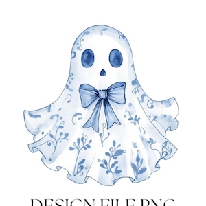 Fantôme de chinoiseries bleues avec noeud png, clipart Halloween coquette côtière, croquis aquarelle fantôme noeud papillon png, noeud fantôme floral bleu png
