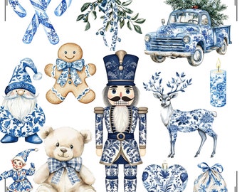 Blue Chinoiserie Christmas Clipart Bundle: Nutcracker, Wreath (75 PNGs)