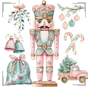Coquette Natal 75 PNGs Pacote Clipart, Pastel Rosa Turquesa Ouro Glitter Inverno Clipart png, Rosa Quebra-nozes png, Glitter árvore de Natal
