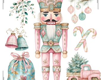 May include: A watercolor clipart bundle featuring a pink and blue nutcracker, a candy cane, a pink truck with a Christmas tree, a gift bag, and a sprig of mistletoe. The clipart is perfect for creating holiday cards, invitations, and other festive crafts.
