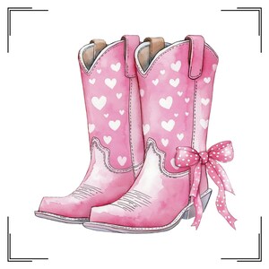 May include: A pair of pink cowboy boots with white heart patterns and a pink polka dot bow.