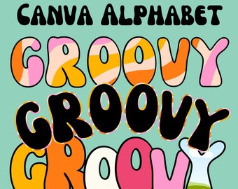 Lettres cadre Canva, modèle Groovy Retro Doodle, chiffres de lettres faciles à faire glisser, lettres toile de police de l&#39;époque rétro tendance personnalisées, police pétillante
