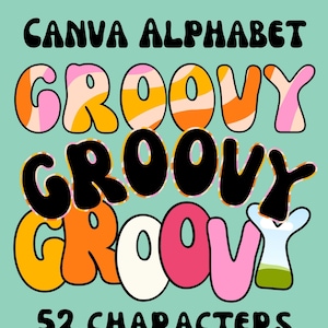 Lettere con cornice Canva, modello Groovy Retro Doodle, lettere e numeri facili da trascinare e rilasciare, lettere Canva personalizzate con font retrò alla moda, font frizzante