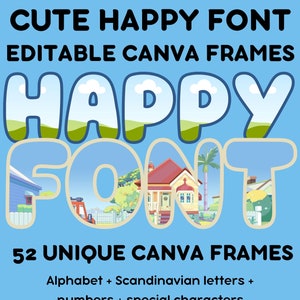 Letras de fuente Canva, alfabeto editable inspirado en Bluey, linda plantilla de fuente Canva Doodle, fuente Naive Happy, alfabeto de imágenes de arrastrar y soltar svg png