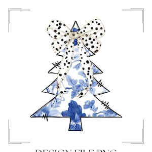 Chinoiserie Christmas tree png, Gold Glitter Christmas Bow png, Blue White Toile Tree Dalmatian Gold Bow png, Doodle Coquette Christmas tree