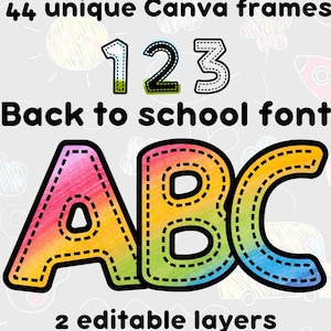 Marcos de letras de Canva, imágenes prediseñadas de fuentes editables para el regreso a clases, alfabeto de profesores de arrastrar y soltar de Canva, letras svg de útiles escolares personalizados de moda