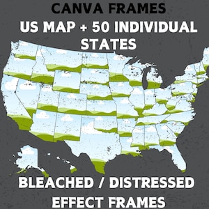Efeito de alvejante do mapa Canva dos EUA, modelo Canva editável de estados dos EUA em dificuldades, clipart de contorno SVG de estado americano individual, mapa de moldura Canva dos EUA
