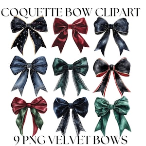 Velours Coquette Bow PNG Bundle, 9 noeuds de Noël aquarelle & rubans Clipart, fichiers de conceptions png de noeud à la mode pour usage commercial, noeud de cadeau de vacances